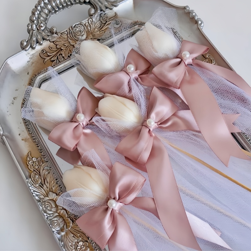 Home Fragrance Gift - เทียนหอมกลิ่นทิวลิป 5 ชิ้น บนไม้ไผ่ พร้อมตาข่ายประดับมุก เทียนไขถั่วเหลือง